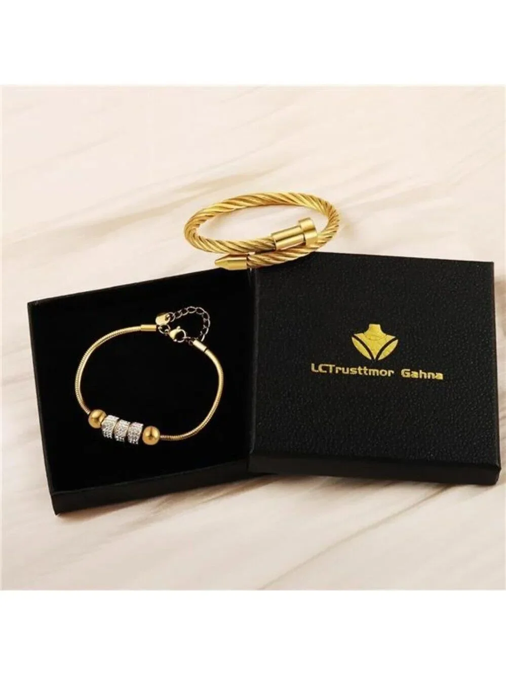 18K Gold Plated Nail Bracelet Set, Adjustable Stackable Bangles for Women 2 Pcs.
